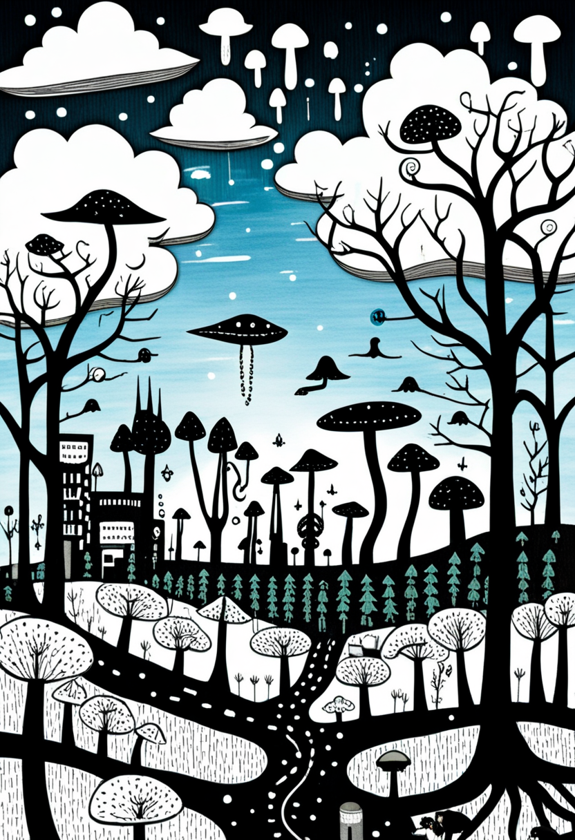 <lora:ink_ahuizotl_sdxl_v1:1.0>, ink_ahuizotl, drawing, an illustration of a futuristic city surrounded by trees and mushrooms, with a blue sky and white clouds in the illustration is done in adobe illustrator