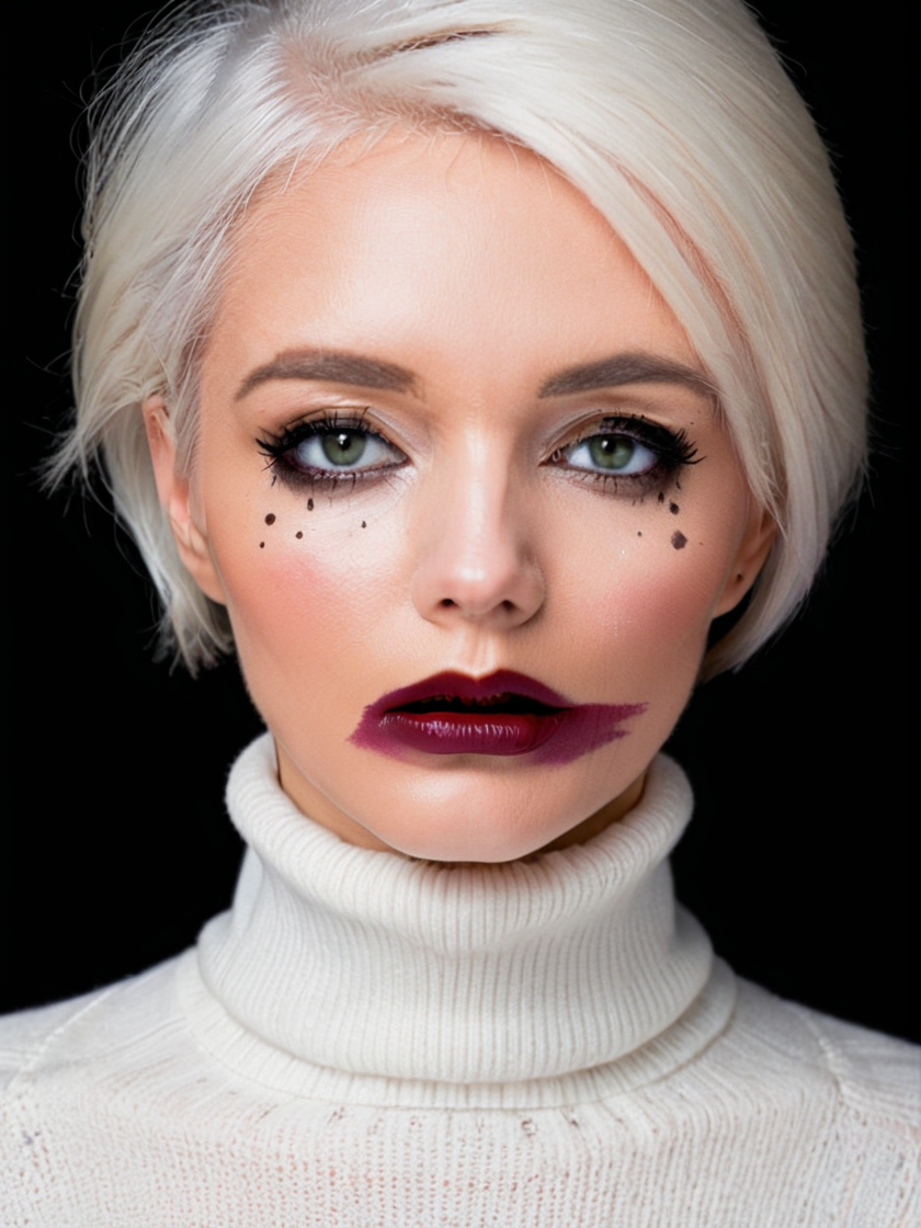 elegant woman in a turtleneck sweater, (smearedmakeup), face, makeup, eyeshadow, lipstick, short white hair, black background, dark, looking at viewer,
 <lora:Smeared-Makeup-SDXL-000008:1>