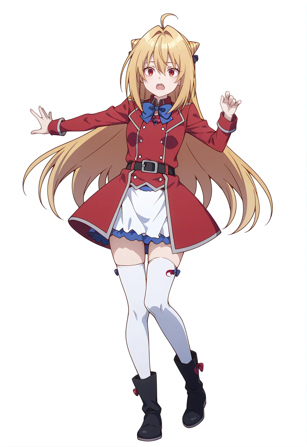 <lora:Terakomari GANDESBLOOD_illustrious-000054>,
Terakomari GANDESBLOOD,solo,blue bow,belt,full body,long sleeves,black footwear,bow,boots,open mouth,blue bowtie,white thighhighs,white_background