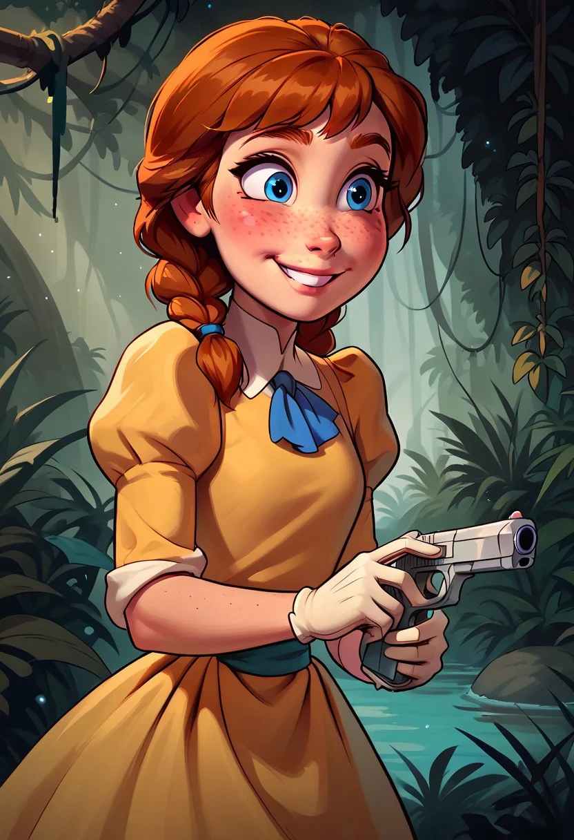 score_9, score_8_up, score_7_up, score_6_up, rating_safe, 1girl, 18yo anna, blue eyes, freckles, auburn hair, puffy sleeves, yellow dress, white gloves, two short braids, big eyes, cutest girl in the world, cute cheeks, thigh gap, petite, freckles, freckled girl, bubble butt, kinky, adorable, petite, round face, skinny, smiling, adorable, holding pistol with a silencer,
jungle background, detailet background
