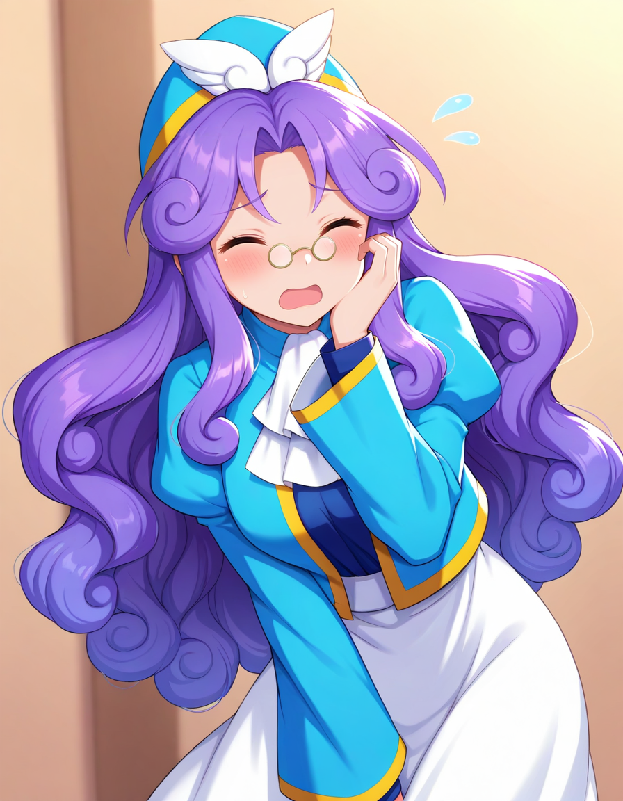 <lora:PAccord_SDXL_Illustrious11_fp16_ver01:1>,PAccord, 1girl,long hair, purple hair,curly hair,pince-nez,closed eyes,blue headwear,blue jacket,white dress,ascot, cowboy shot,open mouth, flying sweatdrops, hand on own cheek,, masterpiece, best quality, very aesthetic, absurdres,<lora:detailed_hands:1>,hand