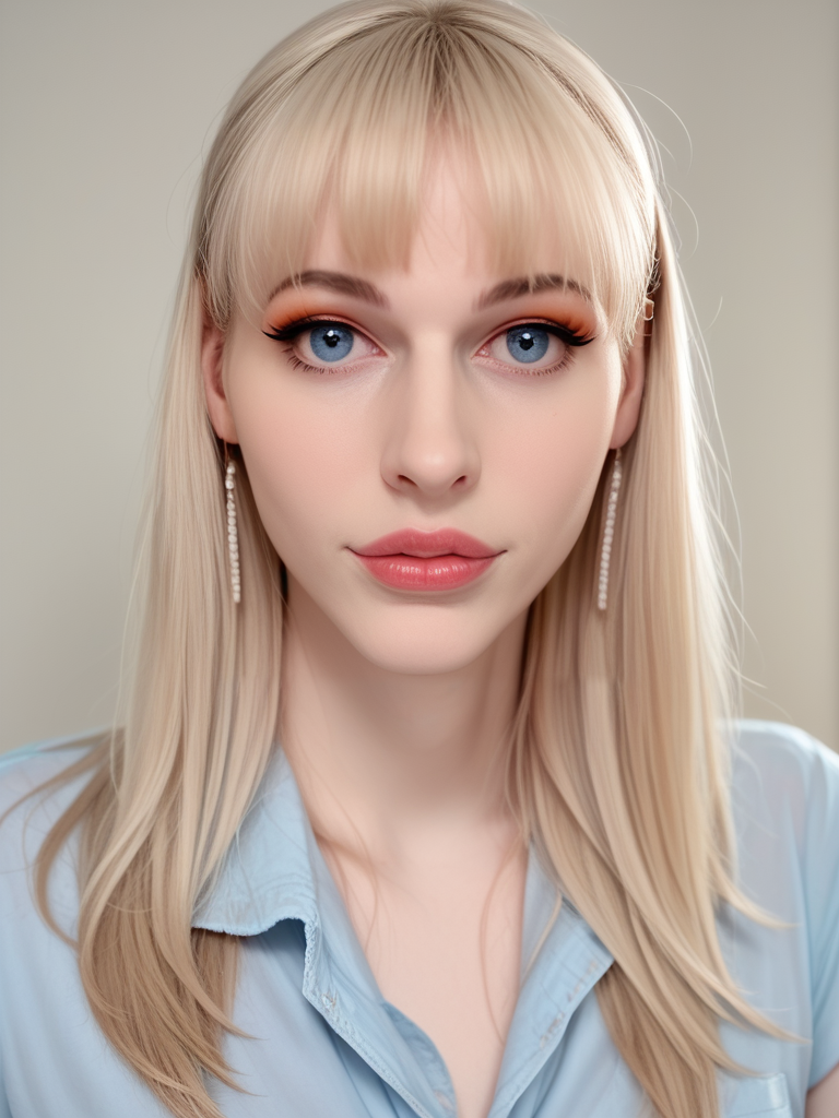 score_9, score_8_up, score_7_up, LiannaL4ws0n, Lianna Lawson, <lora:LiannaL4ws0n-pony:1>,  1girl, makeup, lips, long hair, big lips, lipgloss, (bobbed hair), blonde hair, blue blouse, portrait, solo, looking at viewer, bokeh, focus, film, velvia, artistic, best quality, photograph, focus