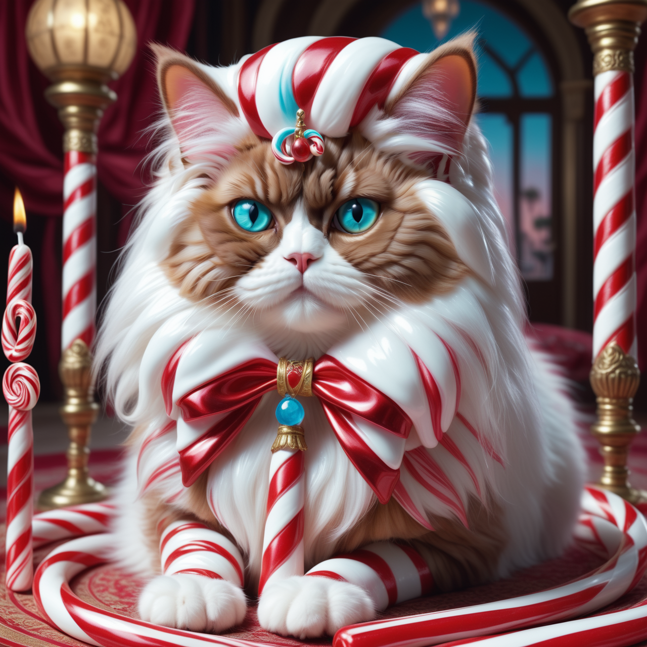 Jed-Cndcne, Mysterious Persian Cat, orientalism, masterpiece, UHD, sharp and in focus,<lora:CandyCaneStyle-000005:1>, illustrious, complimentary colors, luxurious sharp focus, polished, detailed, romantic, grand illumination, enhanced quality, fine detail, highly color focused