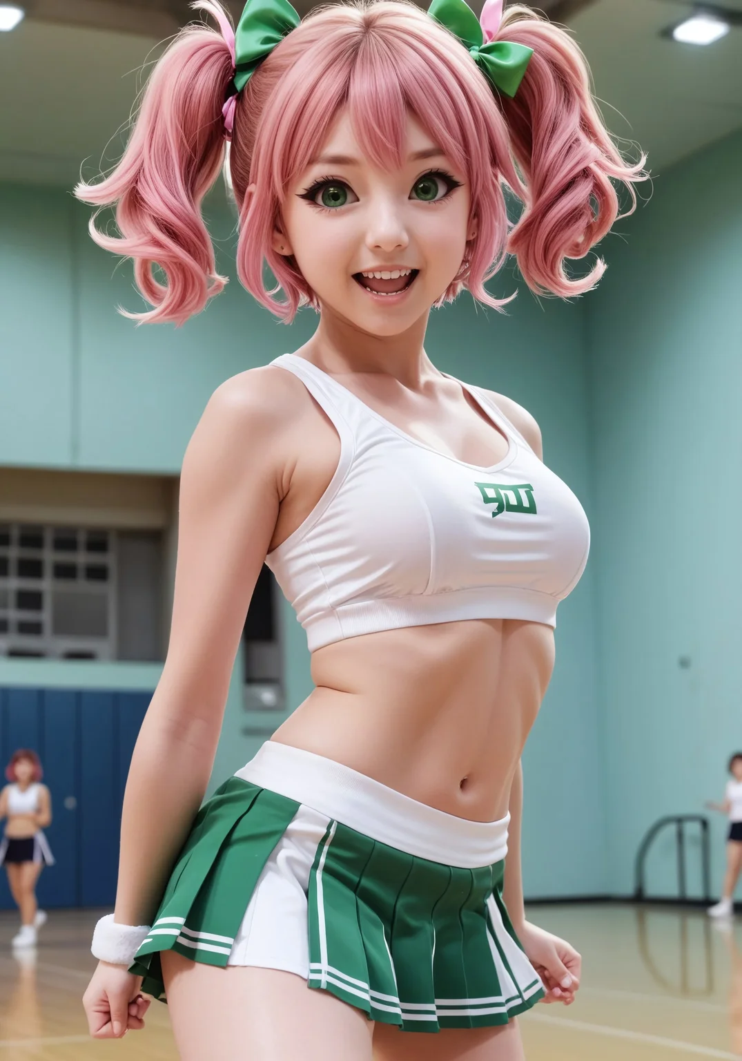 safe_pos, 1girl, bikabaka, brittle, solo, green eyes, medium hair, pink hair, double-parted bangs, high twintails, hair green ribbon, (big breasts), perky breasts, lips, nose blush, happy, sweat, open mouth smile, fang, one eye closed, cheerleader, white shirt, sleeveless, midriff, pink skirt, micro skirt, holding pom poms, white panties, side-tie panties, micro panties, pantyshot, white sneakers, navel, school gym, indoors, looking at viewer, cheering, dynamic pose, full body, from below, jumping, midair, feet up, arm up,
Show less