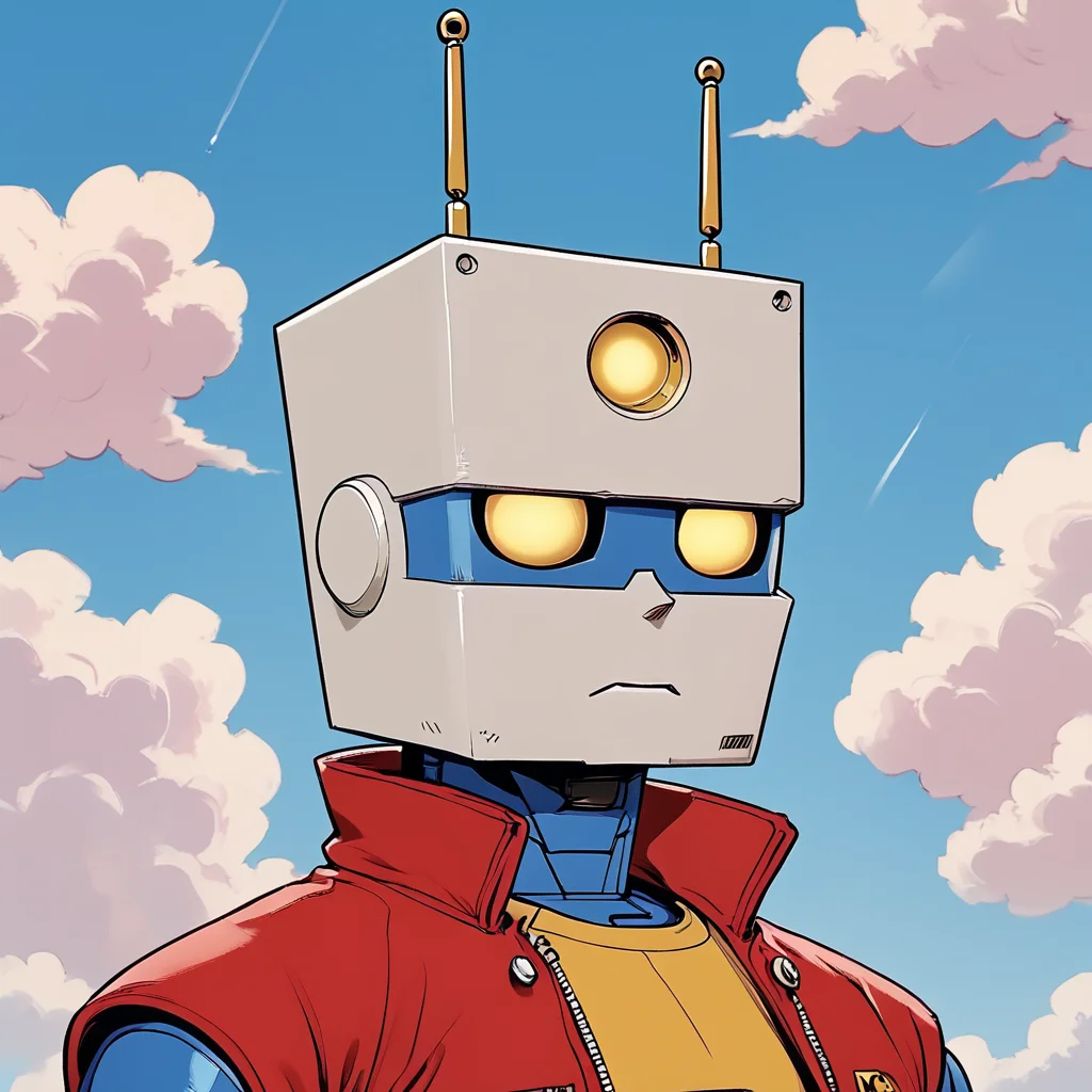 Score_9, score_8_up, score_7_up, score_6_up, BREAK  <lora:Retro_Anime_Flat_ColorsPony:1> ArsMJStyle, Retro Anime Flat Colors, The image is an illustration of a robot with a blue body and a red cape. The robot has a square head with two antennas on top and two round eyes in the center. The eyes are yellow and appear to be glowing. The background is a light blue sky with white clouds. The overall style of the illustration is cartoon-like and the robot appears to be standing in front of a blue sky., robot, sky, solo, cloud, mecha, 1boy, jacket, no humans, yellow eyes, red jacket