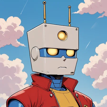 Score_9, score_8_up, score_7_up, score_6_up, BREAK <lora:Retro_Anime_Flat_ColorsPony:1> ArsMJStyle, Retro Anime Flat Colors, The image is an illustration of a robot with a blue body and a red cape. The robot has a square head with two antennas on top and two round eyes in the center. The eyes are yellow and appear to be glowing. The background is a light blue sky with white clouds. The overall style of the illustration is cartoon-like and the robot appears to be standing in front of a blue sky., robot, sky, solo, cloud, mecha, 1boy, jacket, no humans, yellow eyes, red jacket