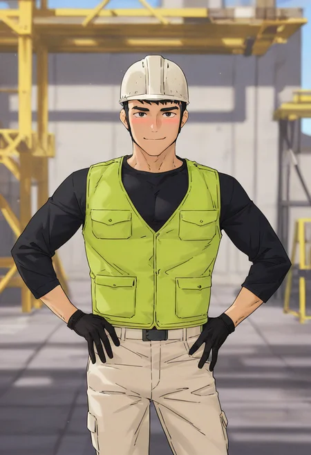 masterpiece, best quality, intricate details, anime screencap, official style, depth of field,
outdoors, construction,
blush,
looking at viewer, light smile, smirk,
BREAK.
standing, contrapposto, cowboy shot, straight-on, facing viewer, portrait, hands on own hips,
BREAK.
black shirt, long sleeves, green vest, hard hat, black gloves, BREAK.
gohunsang, 1boy, solo, black eyes, black hair, short hair, sideburns, forked eyebrows, large pectorals, BREAK.
<lora:Mobydick(Webtoon)_All-In-One_ILXL_v1:1>