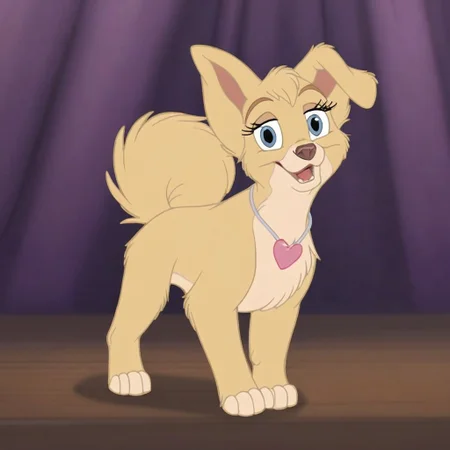 angellat, dog, light yellow fur, body fur, blue eyes, female, (((looking at viewer))), smug, (((eyelashes))), (((girly))), (((flirty))), slightly open mouth, (((no neckwear except pink heart necklace))), solo, happy, smiling, feral, quadruped, ((((((full-body view)))))), friendly, four paws, (((mostly open eyes))), (((open mouth))), cute, sweet, solo, large expressive eyes, detailed fur, dancing, feral