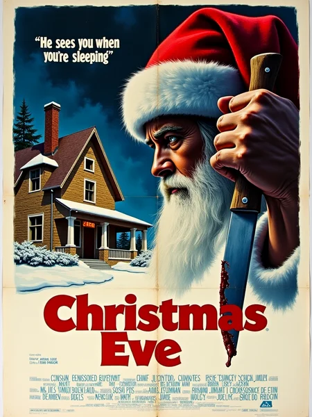 Movie Poster. Title "Christmas Eve". 


Subtitle “He sees you When You're Sleeping”

Rear view. A shadowed Santa looking at a house holding a large knife, dripping blood.


Soft watercolour. 

mvpstrCE style