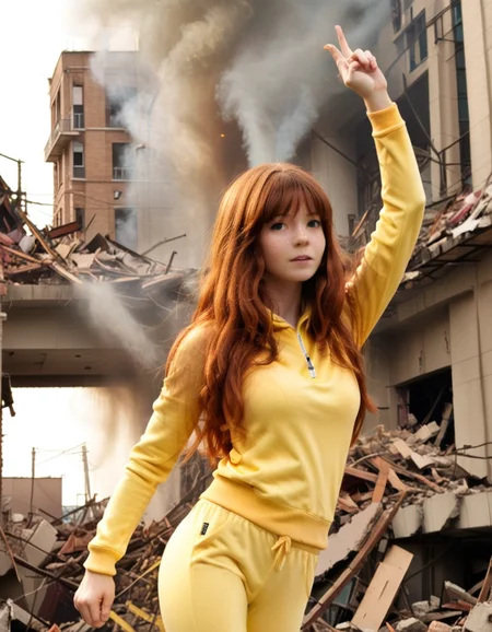 an overexposed full-body shot with atmospheric lighting, captured by marvel; it is showcased a honduran, grown-up, and tender princess, having a ginger-haired blunt bangs haircut and a cute face; wearing a feminine yellow long tracksuit; showing her armpits with her arms raised amidst an explosive building collapse scene. <lora:AnalukXL8:1>