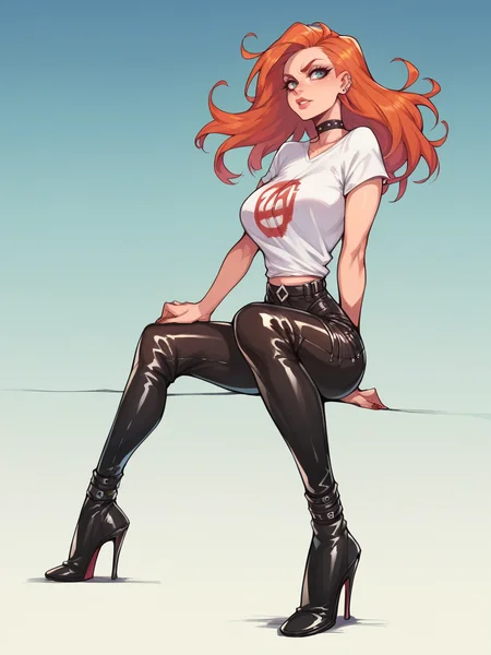 score_9, score_8_up, score_7_up, score_6_up, score_5_up, <lora:y0tt4:0.8> y0tt4, 1girl, long hair, ginger, curvy, large breasts, high heels, gradient background, t-shirt, (punk:0.9), latex