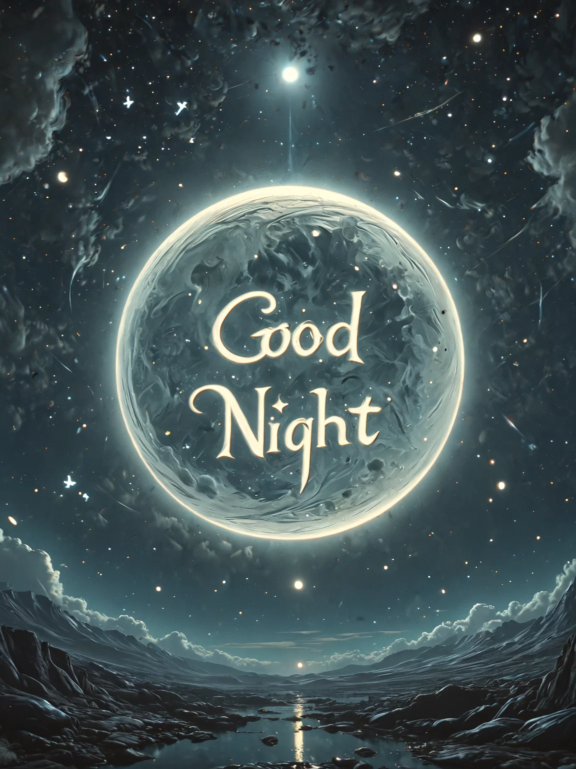 Good Night text logo in script above a full moon, evening blue, starry night, dreamy, blissful, aesthetic unreal engine, octane render, concept art by James Jean and greg rutkowski <lora:add-detail-xl:1> <lora:MJ52:0.5> <lora:Harrlogos_v1.1:1.5>
