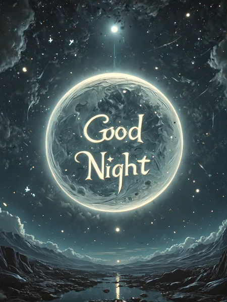 Good Night text logo in script above a full moon, evening blue, starry night, dreamy, blissful, aesthetic unreal engine, octane render, concept art by James Jean and greg rutkowski <lora:add-detail-xl:1> <lora:MJ52:0.5> <lora:Harrlogos_v1.1:1.5>