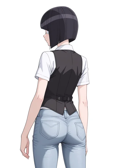 Smooth Quality,masterpiece,very intricate, high quality details, ultra realistic, high detailed skin,detailed enviorement,
simple background, white background,from behind,+ -,
skinny jeans, ,waistcoat, ,button-up vest, , <lora:Nakanaka_Omoharu_cnn:0.8> nakanakaomoharucnn, 1girl,black hair, short hair, bangs, bob cut, yellow eyes, eyepatch,