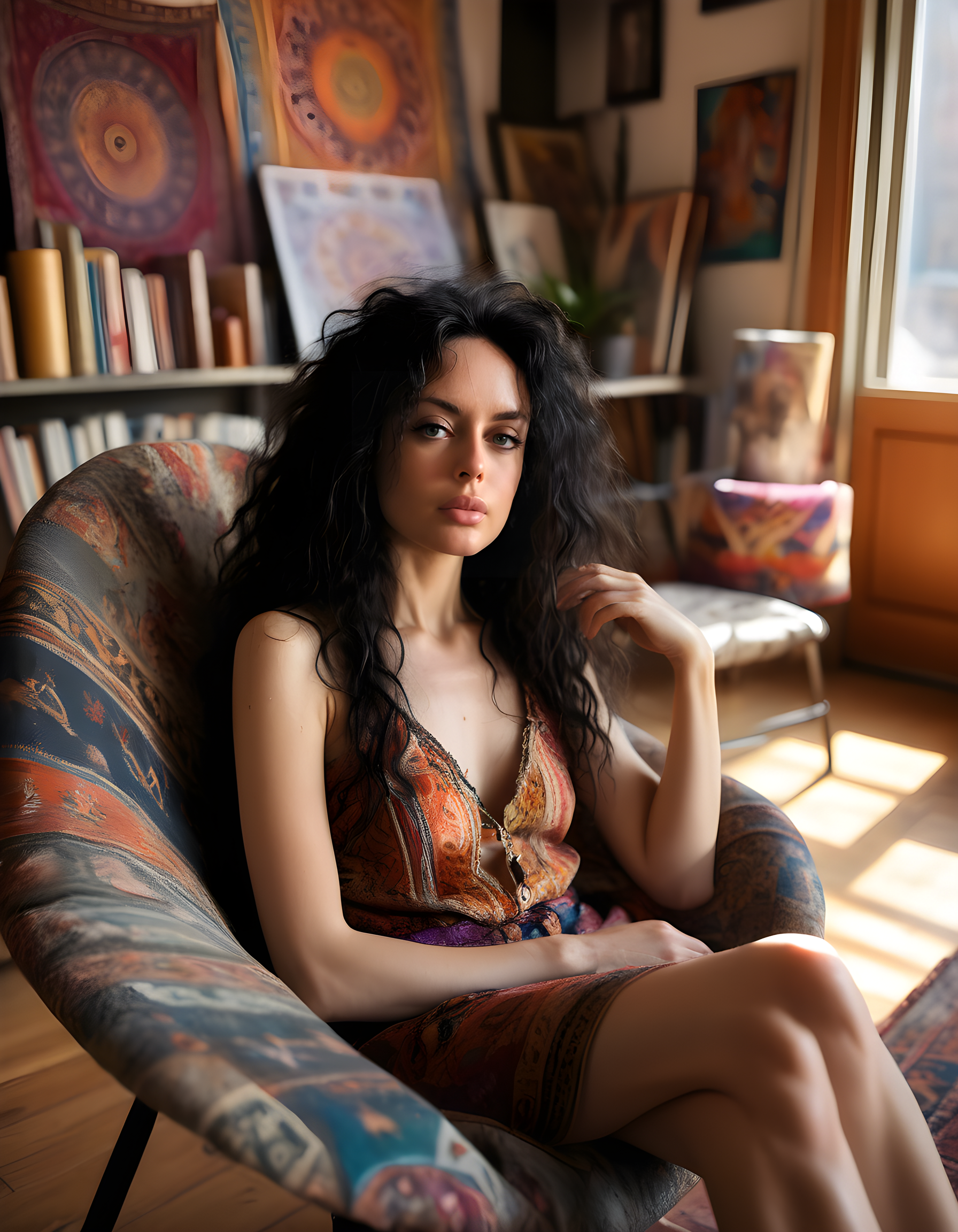 A54TY4S, In the warm, sunlit living room of an artist's loft, a woman with a cascade of long, messy black hair and expressive eyes sits in a worn armchair. The camera angles down from above, capturing her close-up portrait as she gazes introspectively, her lips slightly parted but closed, her outfit blurred in the background. The room is filled with an eclectic mix of bohemian décor _ vibrant tapestries, stacks of books, and colorful canvases leaning against the walls, creating a dynamic and inviting atmosphere.