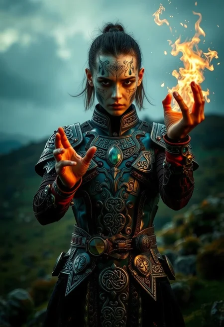In a futuristic Irish landscape, a mythpunk warrior, a fusion of ancient Celtic traditions and futuristic technology, stands tall. The warrior, a Celticpunk visionary, wears a unique exosuit, its design inspired by ancient Celtic armor. The exosuit's intricate patterns and engravings, reminiscent of Celtic knotwork and mythical creatures, create a distinctive Celtic aesthetic. As the warrior casts a spell, their eyes glowing with mystical energy, they harness the power of ancient lore. The exosuit, with its advanced technology, enhances their abilities, allowing them to channel the ancient ways in this futuristic world. This scene, with its imaginative setting and the warrior's unique blend of magic and technology, leaves viewers enthralled by the fusion of Celtic heritage and futuristic innovation, inviting them to explore the possibilities of a mythpunk future.  <lora:Facial_Scarring_Flux.safetensors:0.6>,  <lora:flux/Realism 2.safetensors:1.0>,