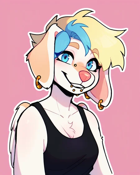 score_9_up, score_8_up, score_7_up, score_6_up, by remanedur, half-length portrait, female, blue eyes, blue highlights, dog, blonde hair, bridge piercing, multicolored hair, tail, medium breasts, short hair, earrings, white fur, black tank top, green pants, wings, chin piercing, ear piercing, floppy ears, looking at viewer, head tilt, solo, happy, smile, three-quarter view, simple background, white outline, <lora:Leah_Pines(AIM)_XL_v1:0.15> <lora:PDXL_artist_tags_v2_big:0.5> <lora:The-Minuscule-Task_PDXL_v1.0:0.6> <lora:Aspen_VibeStrike:0.65>