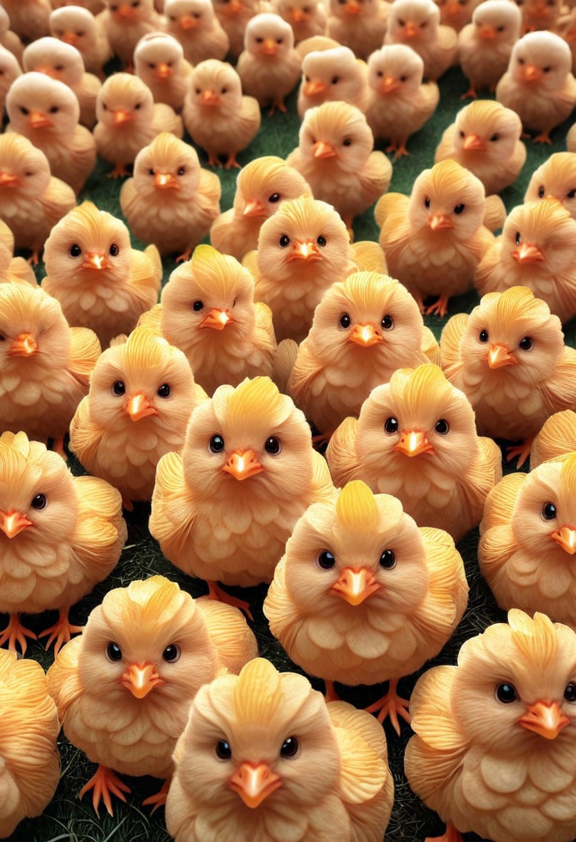 adorable cartoon style, a farmyard, friendly chicks playing in the farmyard, 3d render cartoon, made out of potato chips, <lora:PinkiePttChpsSDXL-v1:1>, p1nkch1ps,