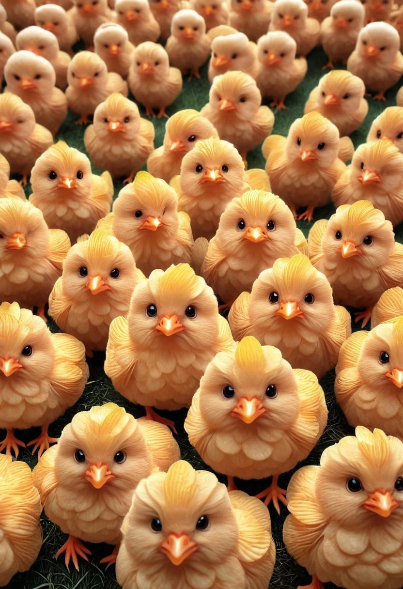 adorable cartoon style, a farmyard, friendly chicks playing in the farmyard, 3d render cartoon, made out of potato chips, <lora:PinkiePttChpsSDXL-v1:1>, p1nkch1ps,