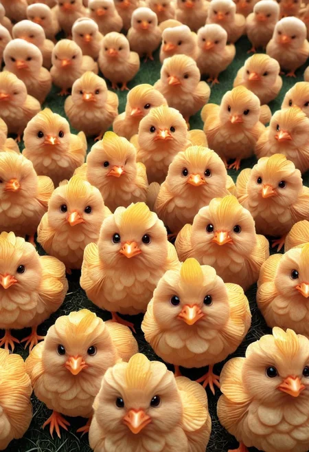 adorable cartoon style, a farmyard, friendly chicks playing in the farmyard, 3d render cartoon, made out of potato chips, <lora:PinkiePttChpsSDXL-v1:1>, p1nkch1ps,