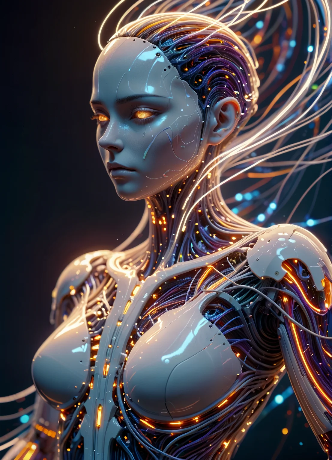 (((close up:2))),
white ethereal woman android with translucent skin drowning in sea of wires, realistic white figure, character design,
wire enter and exit his body, wire with multicolored fiber optic lights,
in chamber of incubation,
zbrush art,
futuristic, scifi, intricate, elegant, majestic,
Masterpiece; award winning art, award-winning glamour photograph, civitai fusion style, brilliant composition,
highly detailed; extreme,
extremely detailed eyes, extremely detailed iris,extremely detailed hair, extremely detailed skin, extremely detailed clothes,
octane render, zbrush, blender, 3d,post-processing,
HDR; lightning; volumetric; cinematic; ray tracing; RTX;radiant light rays,subsurface scattering,soft edge lighting,
realistic shadows; deep shadows,
warm vibrant colors,
high-res, 8k,16k,32k,
<lora:glowneon_xl_v1:0.8>
<lora:linquivera:1>
<lora:Timascus_merge:1>