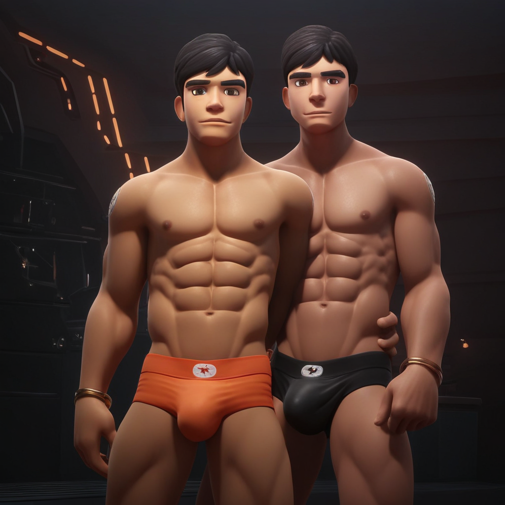 Wedge Antilles, 1boy, black hair, male focus, brown eyes, swimsuit, male swimwear, abs, bracelet, speedo, topless male, orange speedo,  score_9, score_8_up, score_7_up, score_6_up <lora:vinceteaa_020_04v2-step00000400r:1> good face, good eyes, looking at viewer, full body,