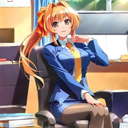 <lora:pony_xl_rumi:0.8>,rumi,score_9,score_8_up,score_7_up,source_anime,1girl,solo,orange hair ribbon,ponytail,blue suit,long_sleeves,white collared shirt,yellow tie,pencil skirt,pantyhose,cowboy_shot,looking_at_viewer,fun,gentle smile,smile,happy,parted_lips,office,office_chair,sitting_on_chair,