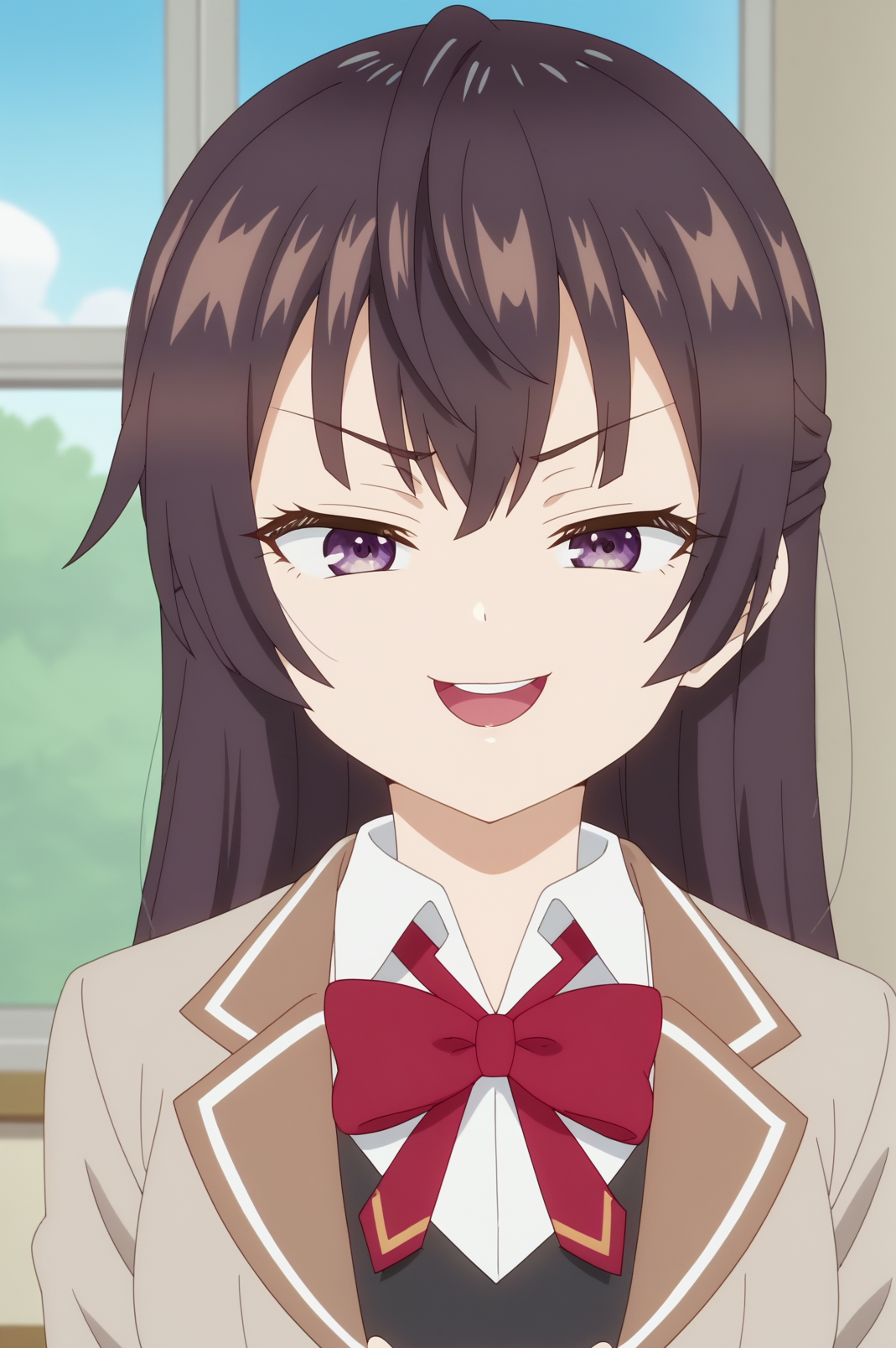 Yuki suou,anime screencap,1girl,solo,mature,long hair,school uniform,bow,purple eyes,jacket,bangs,red bow,shirt,collared shirt,indoors,classroom,windows,sky,plant,standing,smiling,upper teeth only,smirk <lora:Yuki_Suou - PDXL2.safetensors:0.8>