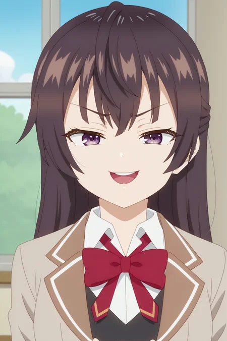 Yuki suou,anime screencap,1girl,solo,mature,long hair,school uniform,bow,purple eyes,jacket,bangs,red bow,shirt,collared shirt,indoors,classroom,windows,sky,plant,standing,smiling,upper teeth only,smirk <lora:Yuki_Suou - PDXL2.safetensors:0.8>