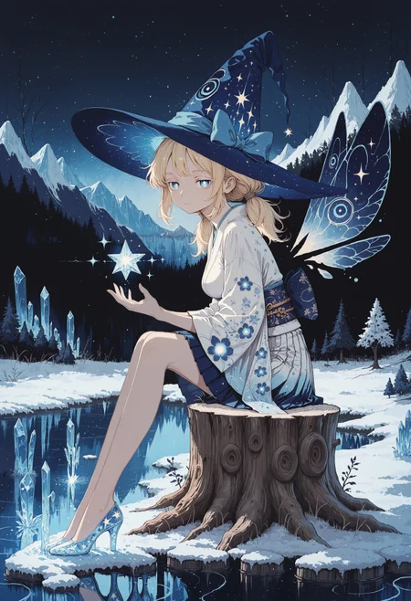 masterpiece, best quality, very aesthetic, absurdres, Studio Ghibli Dark Fairytale, LeIsT0_illu, 
wasabi_natsume_illu,abstract,surreal, in the style of cksc
BREAK
1girl, solo, low twintails, blonde hair, jitome, blue eyes, diamond-shaped pupils, white pupils, blonde eyelashes, 
medium breasts, 
BREAK
white witch hat, wide brim, star (symbol), blue inner hat, blue hat bow, white kimono, floral print obi, pleated short skirt, crystal high heels, translucent crystal wings, 
BREAK
expressionless, sitting, on tree stump, from side, looking at viewer, casting ice spell, cold tone, blue light, frozen lake, snow, mountains, pine