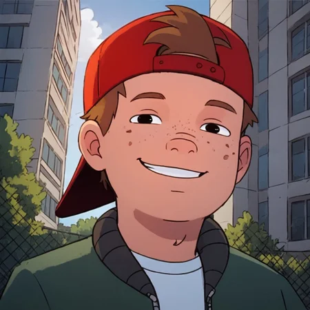 score_9, score_8_up, score_7_up, pinup boy pose, Expressiveh, a sexy 18 year old,  face focus, looking at viewer, perfect face, colorful, dramatic angle, unique perspective, unique angle, wide angle, school yard, school building in background, smile, smile, hat, backwards hat, shirt, jacket, brown hair, freckles, 1boy, solo