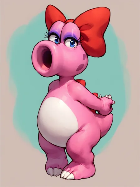 <lora:BirdoPony1.0:1> eyelashes, red bow, pink skin, dinosaur, open mouth, solo, no humans, full body, hair bow, blue eyes,arms behind back, makeup, looking at viewer, score_9, score_8_up, score_7_up, score_6_up