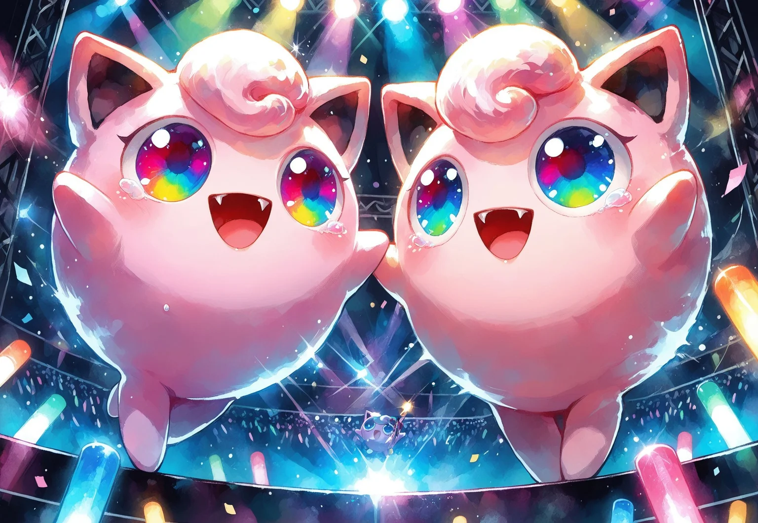 masterpiece,best quality,amazing quality, zzJigs, , FMIXFT, radiant details, rdf02, 2girls, duo, pair, multicolored eyes, hands up, on stage, :d, fangs,