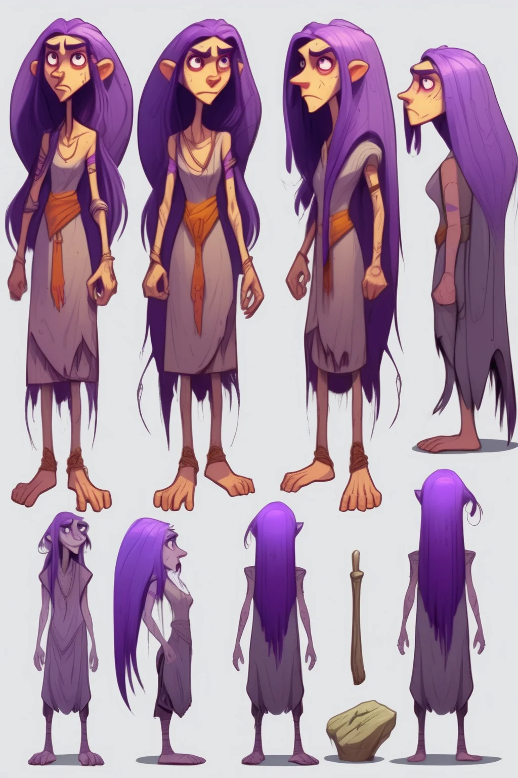 <lora:Character Design:1>Character Design - a character design sheet of a long purple-haired tall prehistoric cartoon female character, with a sharp face with violet eyes and a scar going from her cheek to her left eye. She's dresses in dark gnawed robes but her legs and arms are visible. Cartoon style, front, side and back views