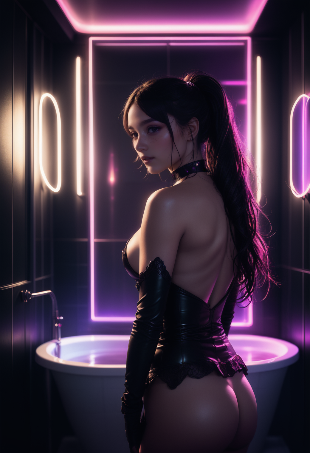 masterpiece, high quality, anime style, 2d,, Heijzel, black choker, medium teardrop breasts <lora:HeijzelSDXL-000005:0.9>,1woman standing in a reij-mg bathroom, dark ambient light, neon lights  <lora:reij-moderngothic-000006:0.7>