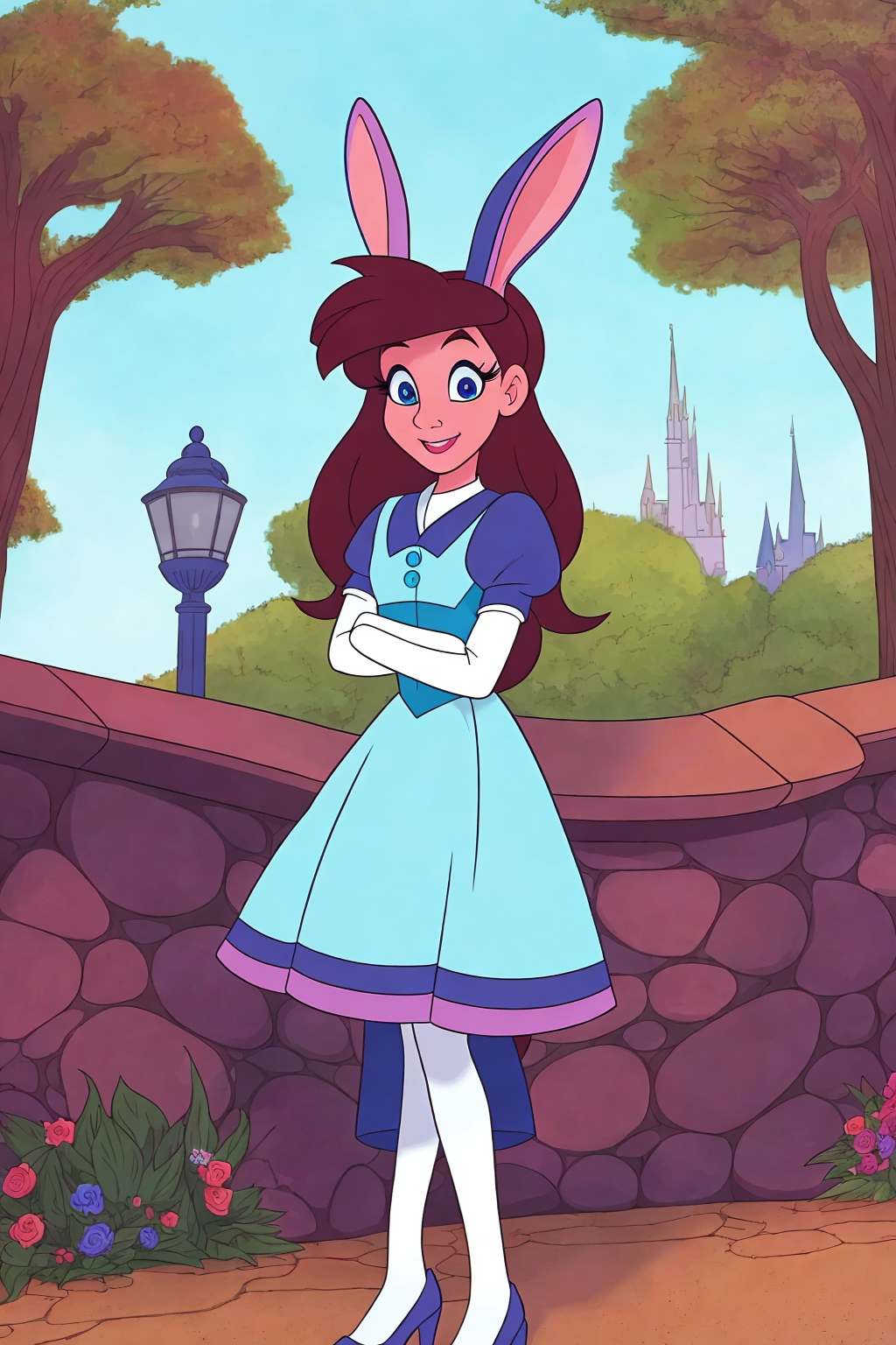 2d animation disney style beautiful anthro rabbit girl in a city park cloudy sky birds flowers creek
(masterpiece:1.2) (cell shading) (animation) (flat color illustration:1.1) (best quality:1.2) (clean lines)