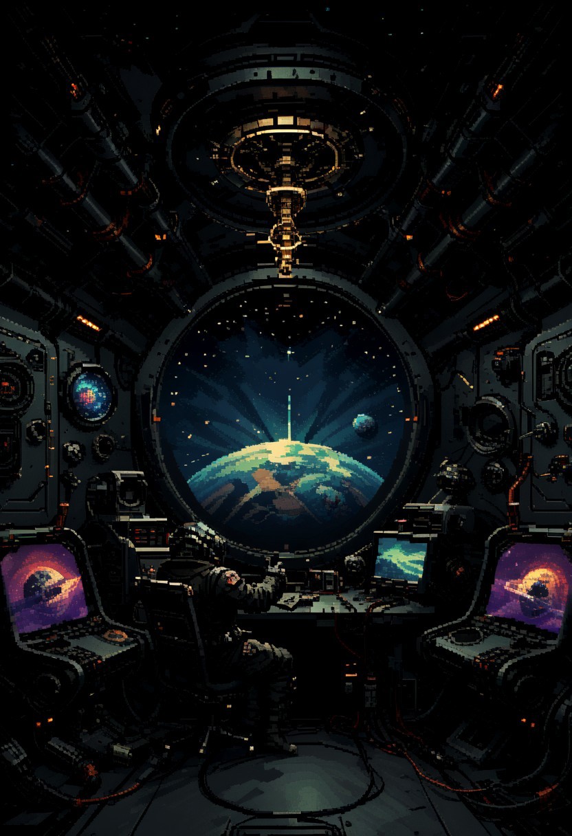score_9, score_8_up, score_7_up, yamer_pixel_fusion, pixel art, space ship, interior, retro futuristic, atompunk, hyper-detailed, scifi, lofi, d3p1x3l, pixel art
