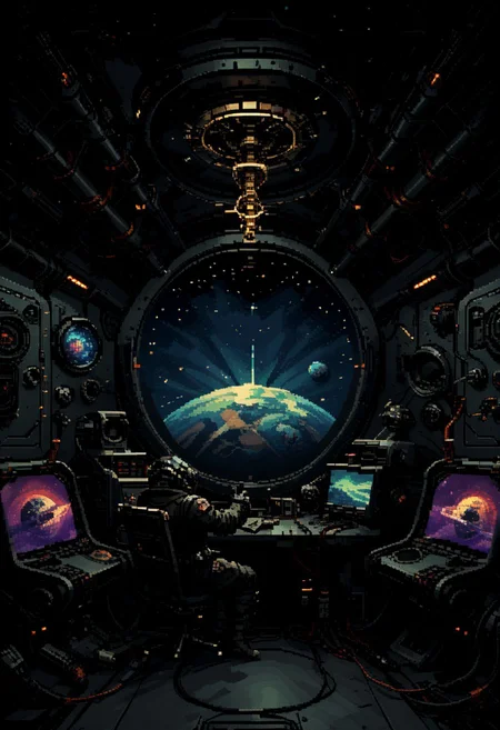 score_9, score_8_up, score_7_up, yamer_pixel_fusion, pixel art, space ship, interior, retro futuristic, atompunk, hyper-detailed, scifi, lofi, d3p1x3l, pixel art