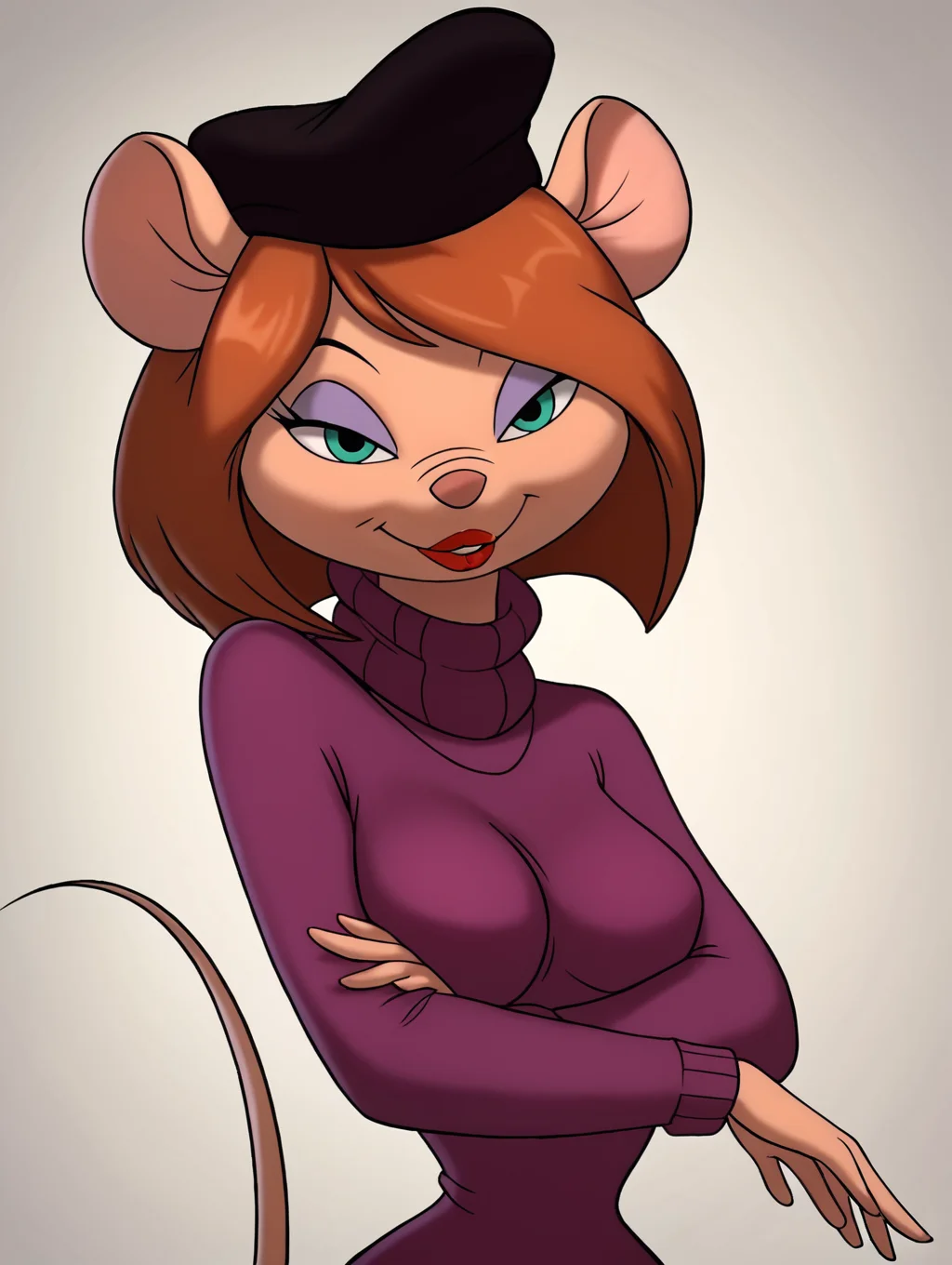 score_9, score_8_up, score_7_up, toon \(style\),ultra high quality,ultra high resolution,ultra ,full body, seductive, very realistic,(extremely detailed), detailed background,,(masterpiece, best quality, high quality, highres, ultra-detailed), ,long legs, <lora:Desiree_DAllure_Chip_n_Dale_Rescue_Rangers:0.9> desiree d'allure, anthro, furry, mouse, mouse ears, , black headwear, long sleeves, red lips, light purple eyeshadow, brown hair, short bob cut, side-swept bangs, toon (style), purple sweater, turtleneck sweater, aqua eyes, flat color, narrow waist,upper body,perfect eyes,perfect lips,seductive smile,thick lips,long eyelashes,bedroom eyes,breasts pressed together,arms in front,
