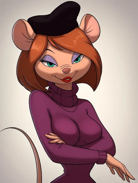 score_9, score_8_up, score_7_up, toon \(style\),ultra high quality,ultra high resolution,ultra ,full body, seductive, very realistic,(extremely detailed), detailed background,,(masterpiece, best quality, high quality, highres, ultra-detailed), ,long legs,  <lora:Desiree_DAllure_Chip_n_Dale_Rescue_Rangers:0.9> desiree d'allure, anthro, furry, mouse, mouse ears, , black headwear, long sleeves, red lips, light purple eyeshadow, brown hair, short bob cut, side-swept bangs, toon (style), purple sweater, turtleneck sweater, aqua eyes, flat color, narrow waist,upper body,perfect eyes,perfect lips,seductive smile,thick lips,long eyelashes,bedroom eyes,breasts pressed together,arms in front,