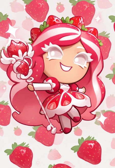 masterpiece,best quality,amazing quality,
crk1styl111,<lora:lycoris:1>,(chibi:1.4),colored eyelashes,white eyelashes,dynamic pose,solo,full body,(strawberry background:1.1),
dress,sparkling,magical particles,grin,strawberry print,(strawberry girl:1.1),(strawberry theme:1.2),strawberry hair ornament,long hair,two-tone hair,holding staff,