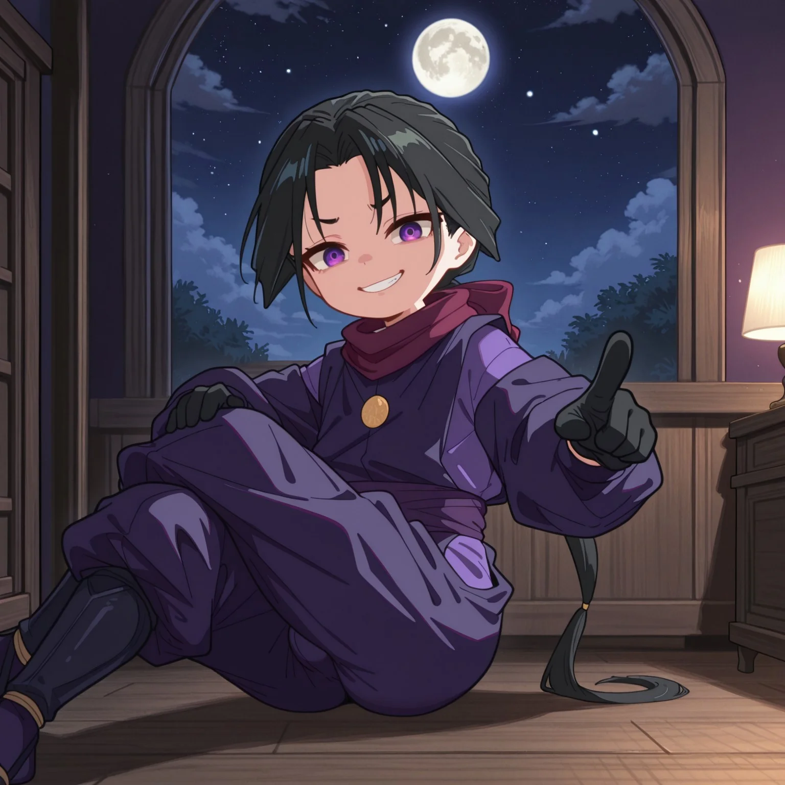 very awa, masterpiece, best quality, very aesthetic, absurdres, newest, CuteChibi_ST, CTCB_ST, clothed, solo, (1boy, ltokiyuki houjou, black hair, purple eyes, low ponytail, japanese clothes, purple shirt, ninja, juliet sleeves, black gloves, red scarf, purple pants, evil smile, (petite:1.4), flat chest, tiny_bulge, bubble butt), sitting, crossed legs, looking at viewer, hand on knee, pointing at viewer, front view, royal bedroom, marble walls, wooden floor, window, moon, stars, clouds, night, detailed background, very awa, masterpiece, best quality, very aesthetic, absurdres, newest,