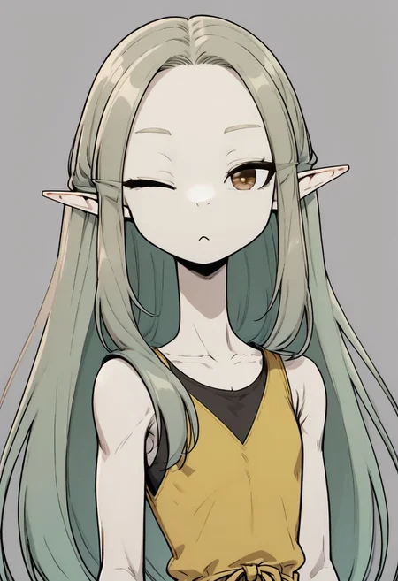 ASCIILapanya, 1 person, solo, pointy ears, ((snout nose)), flat chest, medium fair skin, skinny physique, slender jaw, high cheekbones, ((brown irises, half-lidded eyes, right eye closed, brown eyes)), light teal hair, long hair, waist length hair, straight hair, ((straight hair parted in the middle, bare forehead)), yellow vest, long-sleeved brown tunic, forest background,  
Lineart, clean lines, up close, upper body focus, highly detailed face, high quality, best quality,  score: 9, score: 8 up, rating: safe