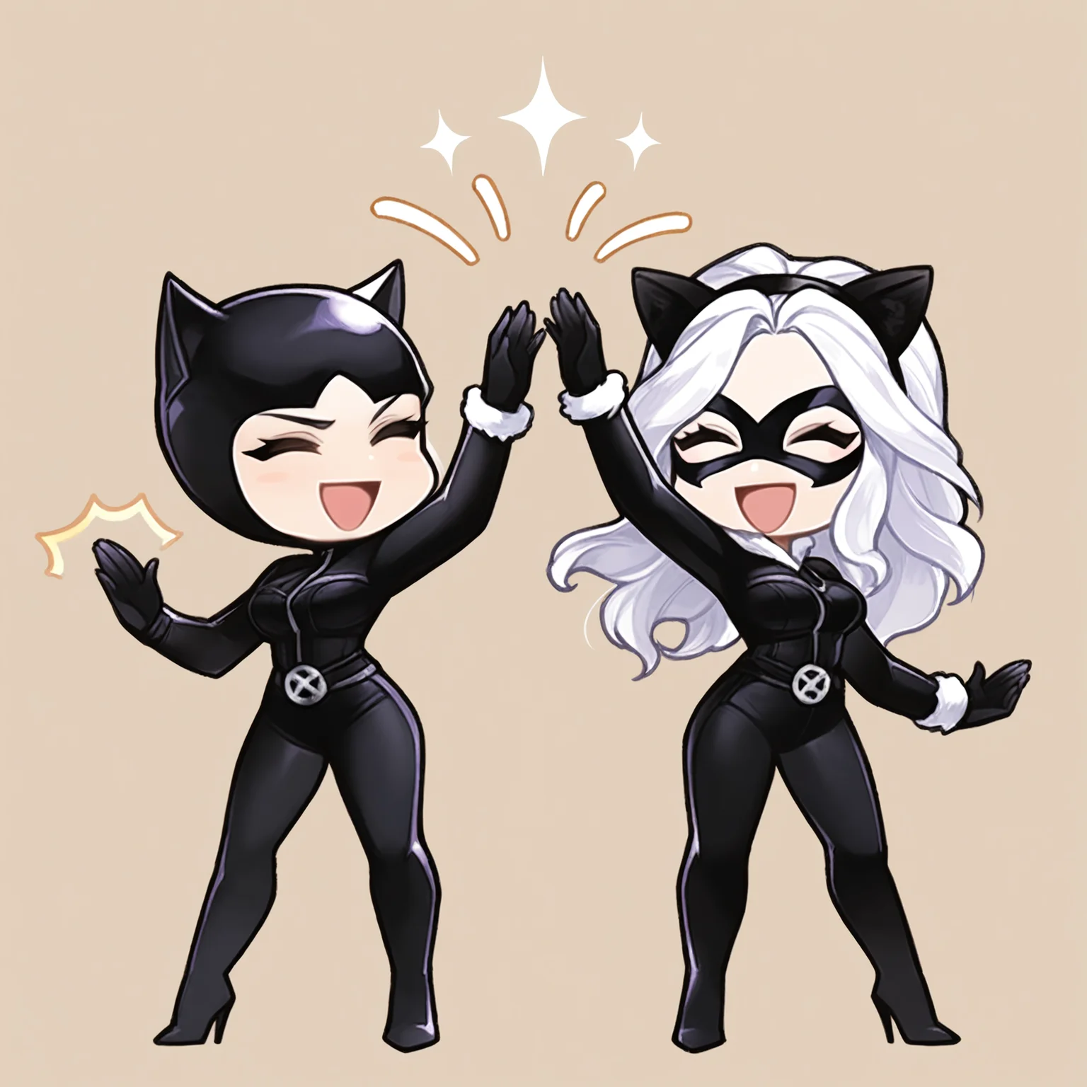 masterpiece, best quality, 2girls, high five, arm up, symmetry, chibi, full body, open mouth, smile, closed eyes, excited, sparkle, simple background, motion lines, ^^^, <lora:kingsstyle-illu-beta2-25:0.3>
BREAK 1girl, catwoman, black bodysuit, breasts, full body, standing, chibi, dc comics, arm up, legs apart, goggles on head, high heels,
BREAK ,
BREAK 1girl, felicia hardy, black bodysuit, breasts, domino mask, standing, chibi, marvel, arm up, white hair, fake animal ears, hairband, cat ears, legs apart, fur trim, high heels,