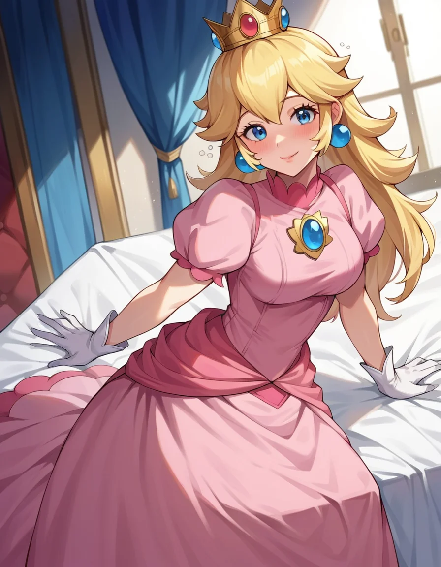 score_9, score_8_up, score_7_up, source_anime,
princesspeach, <lora:princess-peach-chibi-ponyxl-lora-nochekaiser:1>
princess peach, blonde hair, blue eyes, long hair, smile,
crown, dress, gem, gloves, pink dress, puffy short sleeves, puffy sleeves, short sleeves, white gloves,
indoors, bed, bed room, on side, blush, drunk,
looking at viewer, dutch angle, cowboy shot