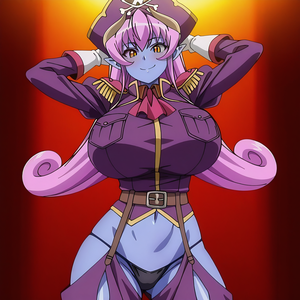 best quality, amazing quality, absurdres, uncensored, detailed eyes, perfect eyes, extremely detailed CG, extremely detailed face, perfect face, detailed Lora, anime, masterpiece, beautiful eyes, beautiful face, high resolution, distinct image, 4k, 8k, high resolution, high, super, hyper, distinct image, beautiful eyes and detailed face BREAK  <lora:Aku_no_Onna_Kanbu_-_Ephanatica:1>Ew_Ephanatica, anime screencap, anime coloring, 1girl, solo, blue skin, colored skin, huge breasts, yellow eyes, slit pupils, grey sclera, colored sclera, pink hair, long hair, pointy ears, horns, pirate hat, white gloves, belt, pocket, ascot, epaulettes, purple military uniform, black panties, underwear, hip vent, high heel boots, black footwear, looking at viewer, sexy pose, cowboy shot, seducative smile, sexy, hands behind head