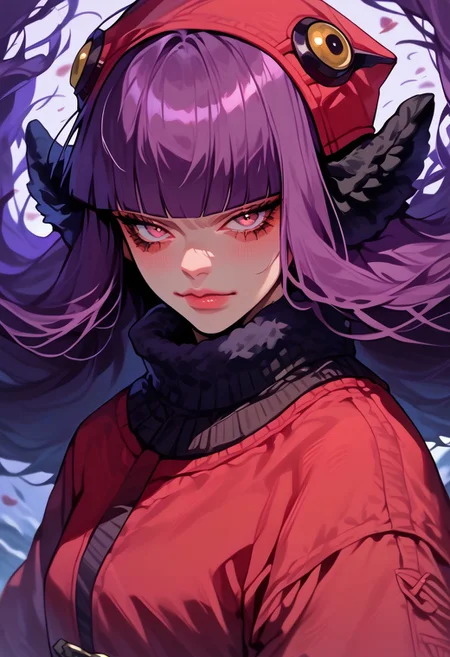 score_9, score_8_up, score_7_up, y0tt4, 1girl, solo,
mohshuvuusmt, hat, purple hair, long hair, blunt bangs, coat, fur trim,