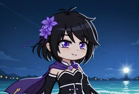 score_9, score_8_up, score_7_up, score_6_up, GELUFANT, GELUFANTGacha, Gacha, girl, black hair, hair flower, hair ornament, purple eyes, detached sleeves, purple cloak, golden hour lighting, volumetric lighting, city streets, hair fluttering in the wind, dynamic lighting, dynamic pose, half body portrait, black skirt, waves his hand