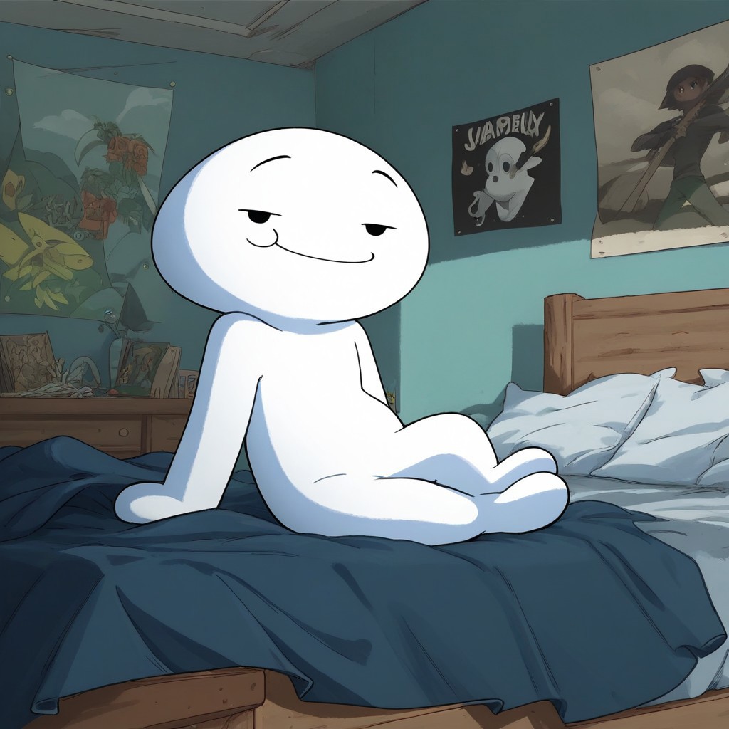 <lora:JamesOddballsv1.0:0.8> Expressiveh, (zPDXL2), score_9, score_8_up, score_7_up, source_cartoon, james_oddballs, 1boy, solo, short, white skin BREAK full body, raised eyebrows, dot eyes, looking at viewer, narrowed eyes, smile, arms at sides, sitting on bed BREAK cel shading, james bedroom, indoors, night, bed, pillow, poster \(object\)
