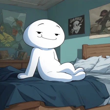 <lora:JamesOddballsv1.0:0.8> Expressiveh, (zPDXL2), score_9, score_8_up, score_7_up, source_cartoon, james_oddballs, 1boy, solo, short, white skin BREAK full body, raised eyebrows, dot eyes, looking at viewer, narrowed eyes, smile, arms at sides, sitting on bed BREAK cel shading, james bedroom, indoors, night, bed, pillow, poster \(object\)